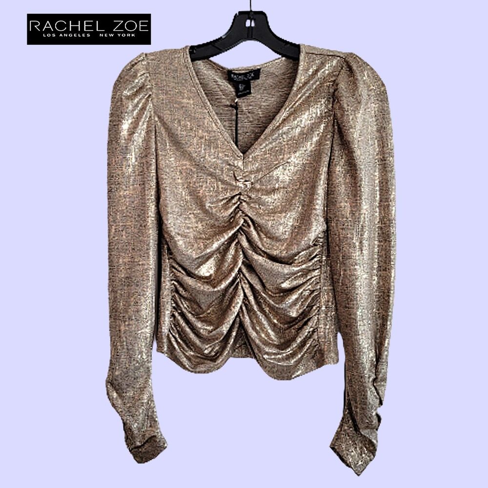 Rachel Zoe Metallic Gold Ruched Puff Sleeve V-Neck Crop Top S